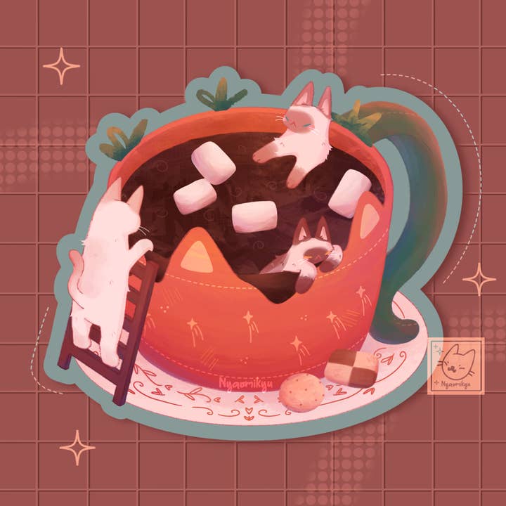 Autocollant Chats Siamois Chocolat Chaud pour la vente par Nyaomikyu