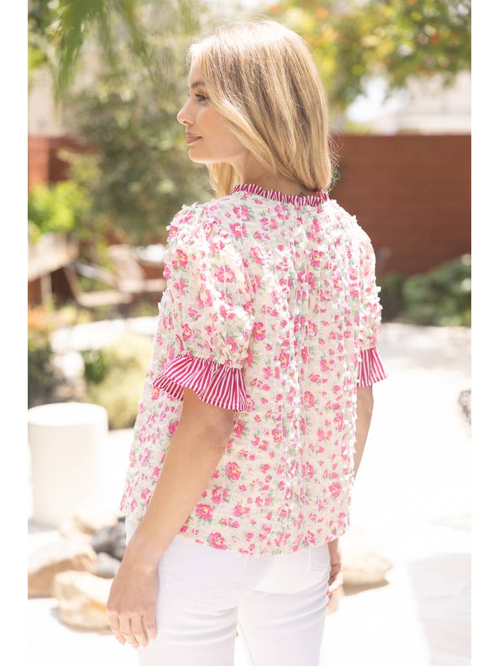 Pink 35747 Mixed Print with Vertical Lace Detail Top for wholesale on Faire
