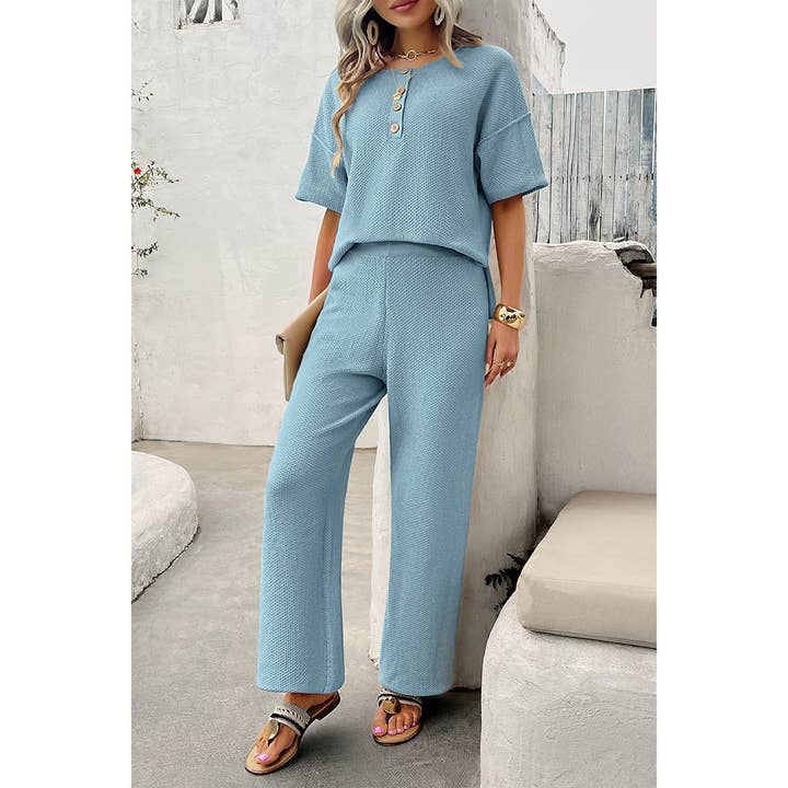 Supreme Fashion - Wholesale Loungeset - Dames - Tweedelige Outfits Gebreide Ronde Hals Knoop Set