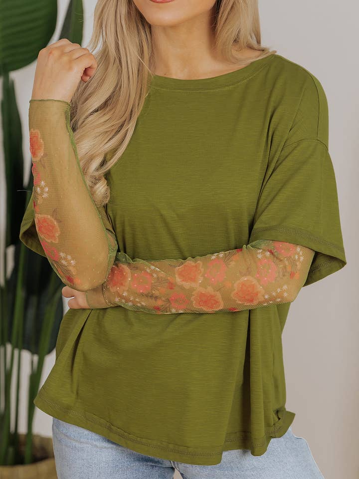 Fern Green Faux Two Piece Floral Long Sleeve Patchwork Tee for wholesale on Faire5