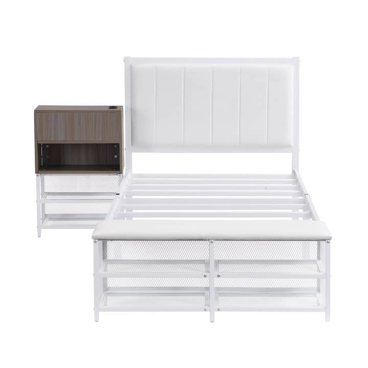 White Twin Metal Platform Bed with Storage Shelves & Cabinet for wholesale on Faire2