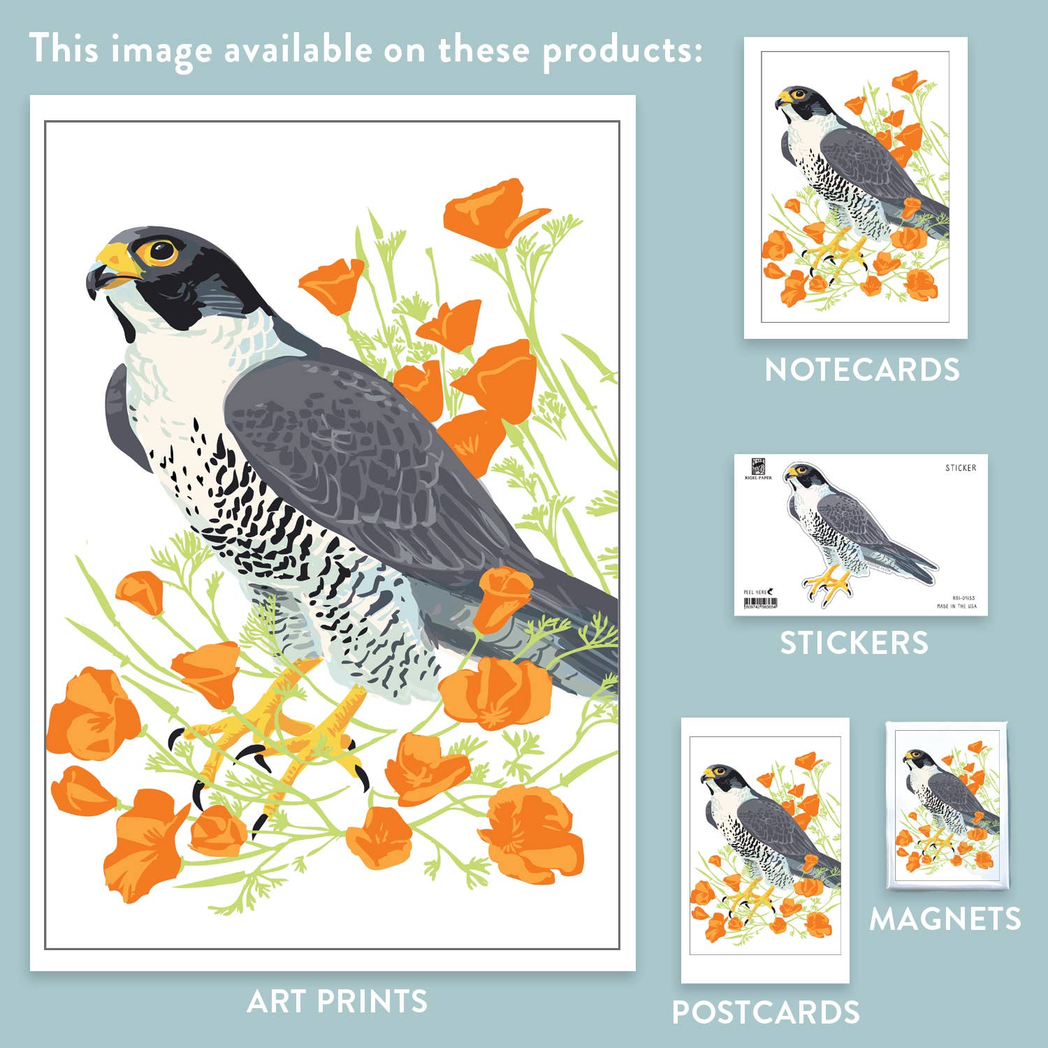 Rigel Paper - Wholesale Magnet - RBI-9153 Peregrine Falcon & California Poppies Flower Magnet2