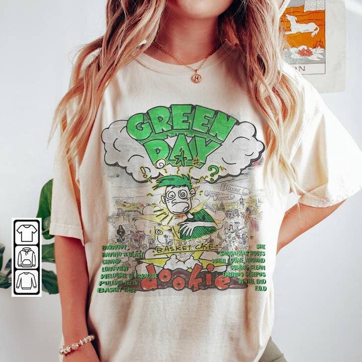TheKingShirt - Wholesale Graphic Sweatshirt - Women's - Dookie Basket Case Album 90s Shirt, Green Day Tour Tee