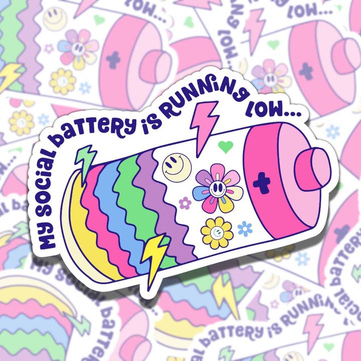 Social Battery Low Mental Health Waterproof Sticker for wholesale by Sticky Sadness Designs