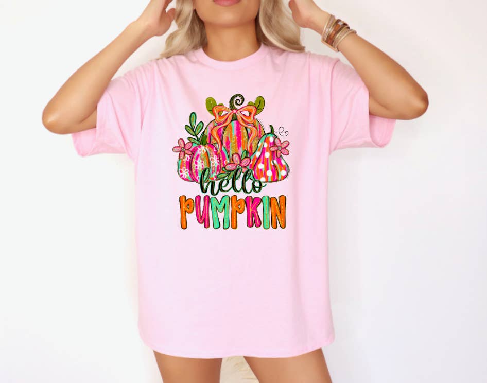 Gia Gifts Boutique - Wholesale T-Shirt (Graphic) - Women's - Preppy Faux Glitter Hello Pumpkin Graphic Tee Fall