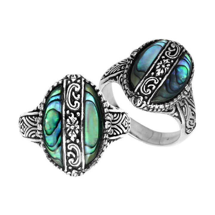 AR-6266-AB Sterling Silver Designer Oval Shape Statement Ring With Abalone Shell And Balinese Floral Pattern for wholesale by Bali Designs