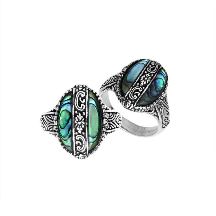 AR-6266-AB Designer Ovale Statement Ring van Sterling Zilver Met Abalone Schelp En Balinees Bloemenpatroon voor wholesale door Bali Designs