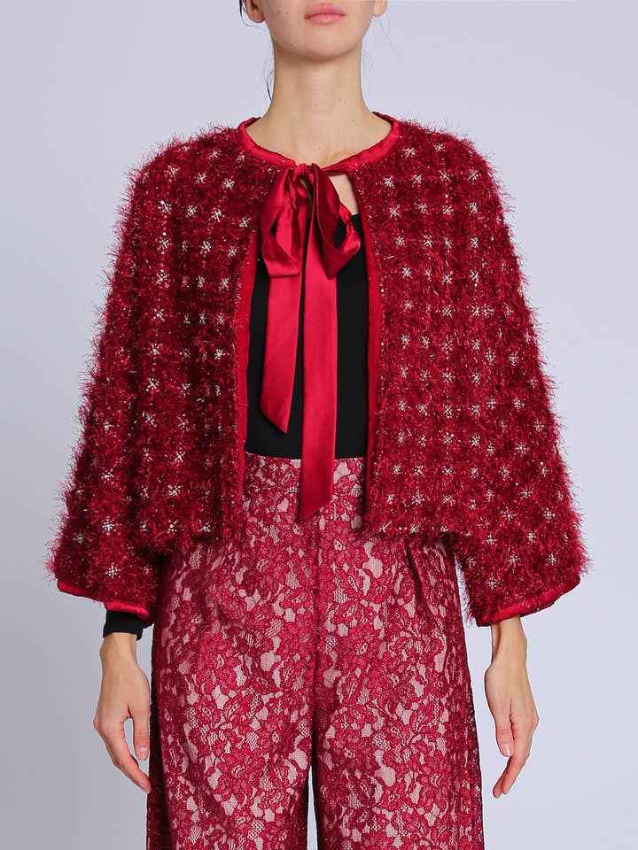 Red Embellished Fuzzy Boucle Crop Jacket PC4109 for wholesale on Faire