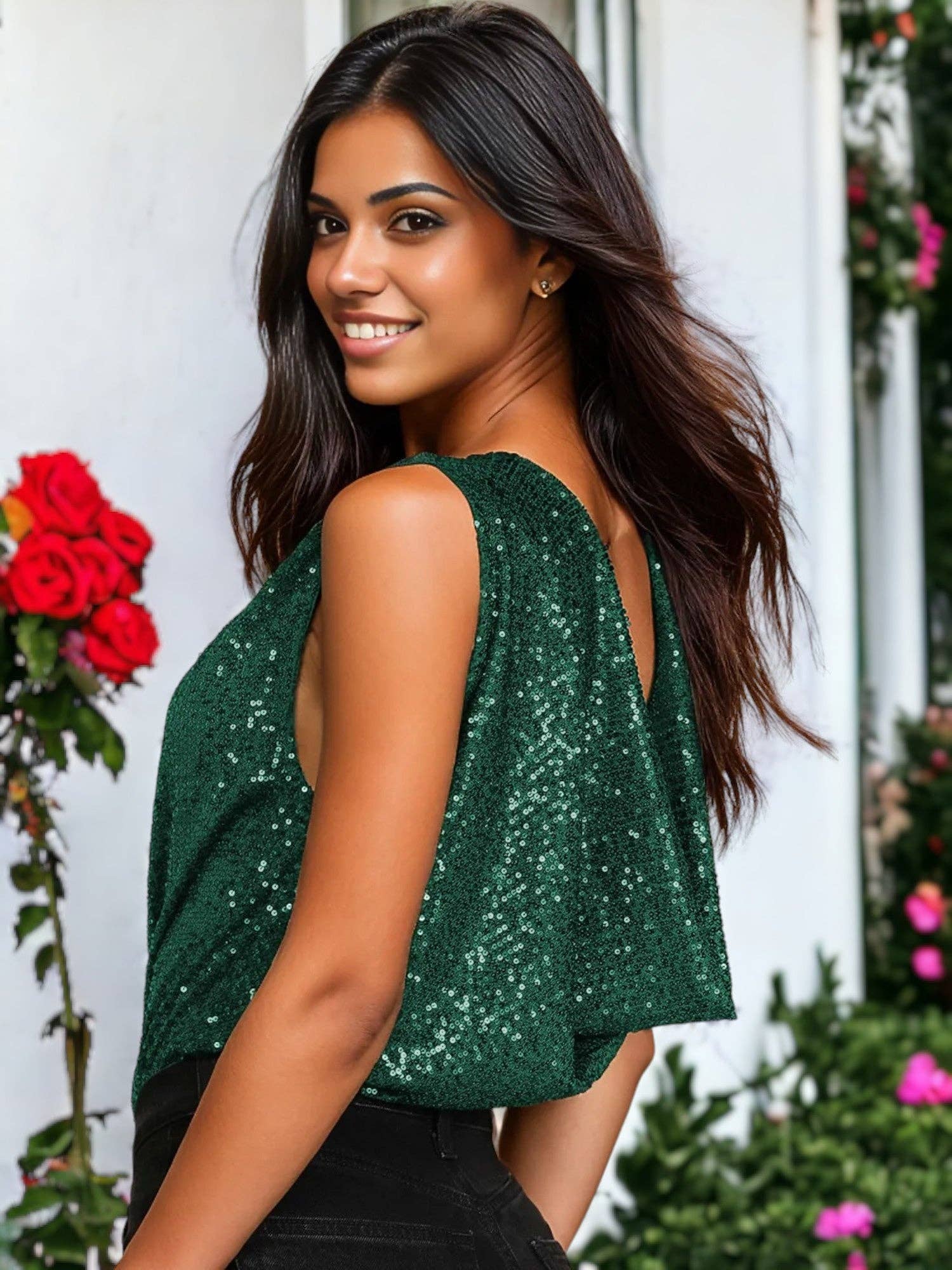 Anna Kaci Wholesale – wholesale Bodysuit – Women’s – Cowl Back V-Neck Sleeveless Sequin Bodysuit11