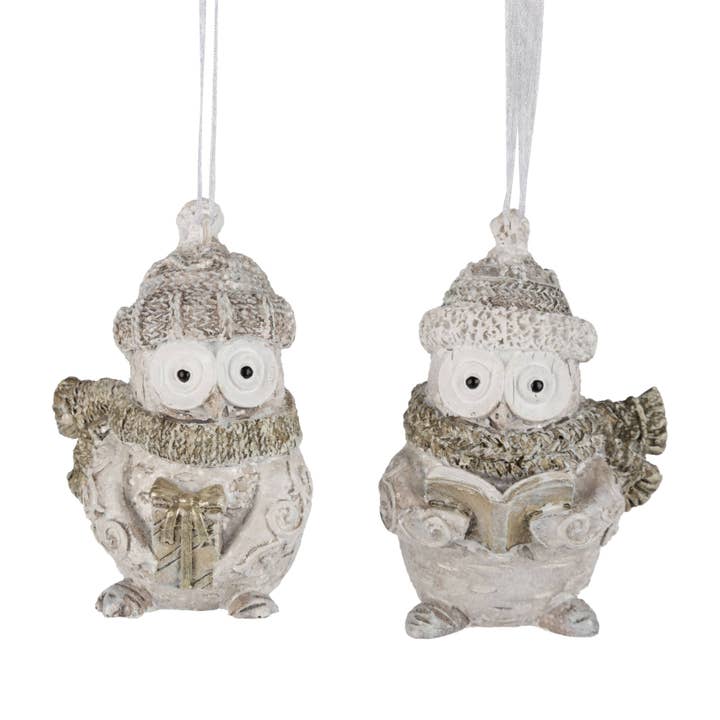 A73375: 2 Asst resin owl orn,2.5in for wholesale by Silver Tree Home & Holiday