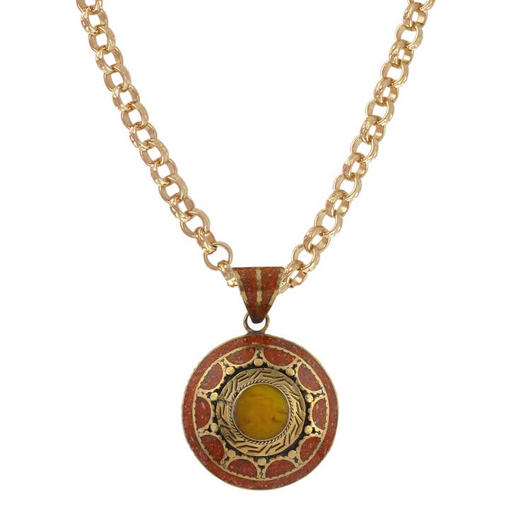 Amber and Coral Ethnic Medallion Necklace for wholesale by Cielo Moon x Devon Leigh