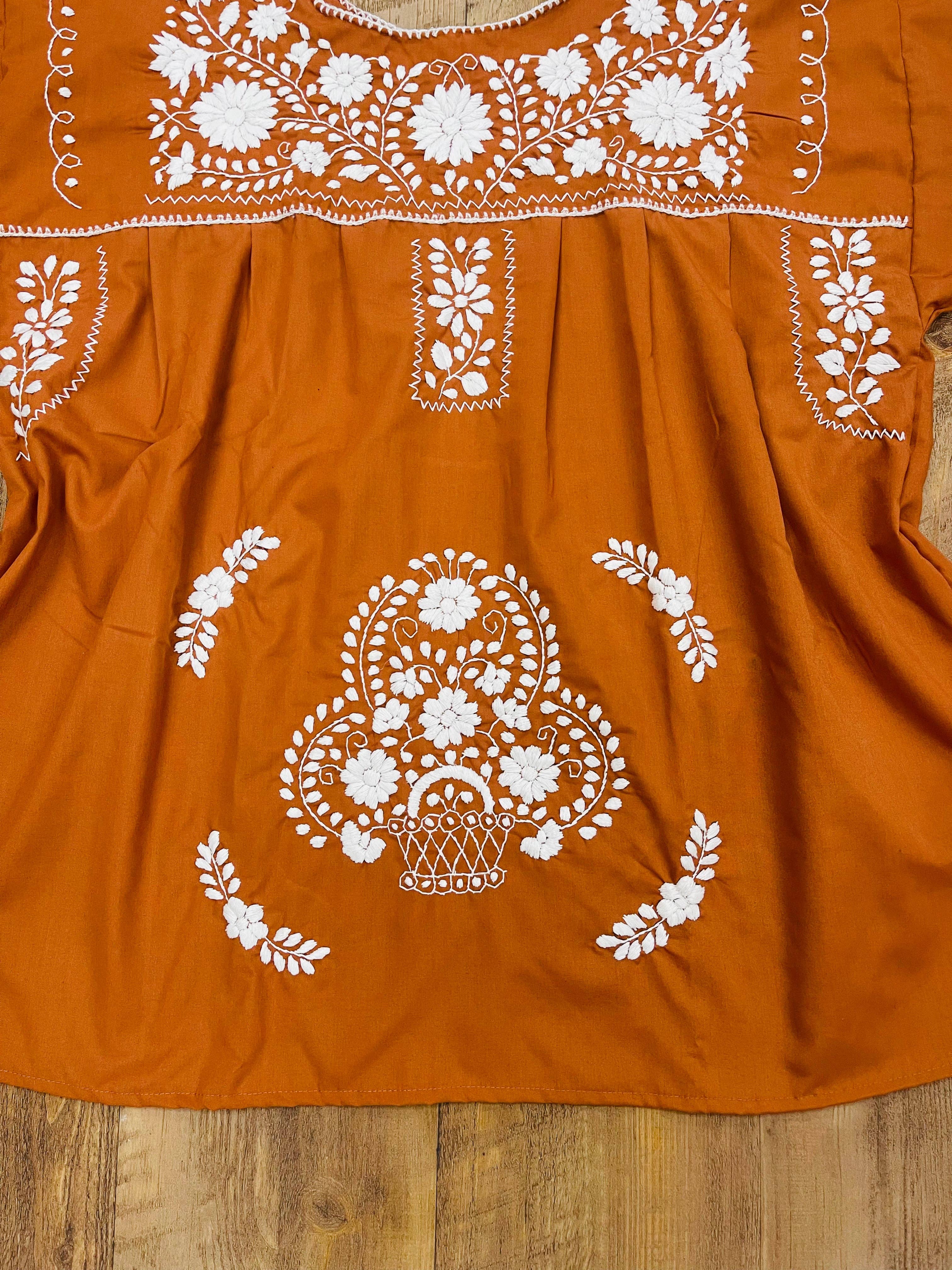 Burnt Orange Mexican Blouse Full Embroidered Texas Longhorns for wholesale on Faire14