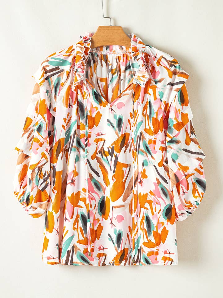 Yellow Abstract Print Drawstring Frilled V Neck 3/4 Sleeve Blouse for wholesale on Faire