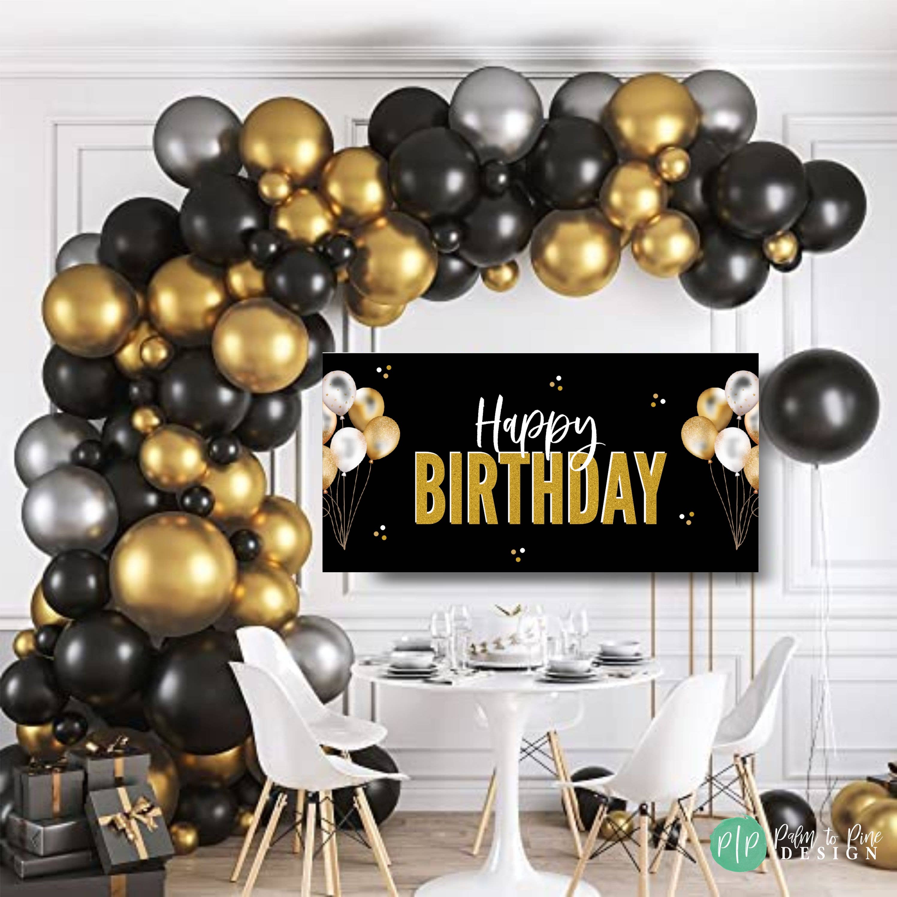 Palm to Pine Design - Wholesale Party Sign/Banner - Black and Gold Happy Birthday Banner, Printed on Vinyl3