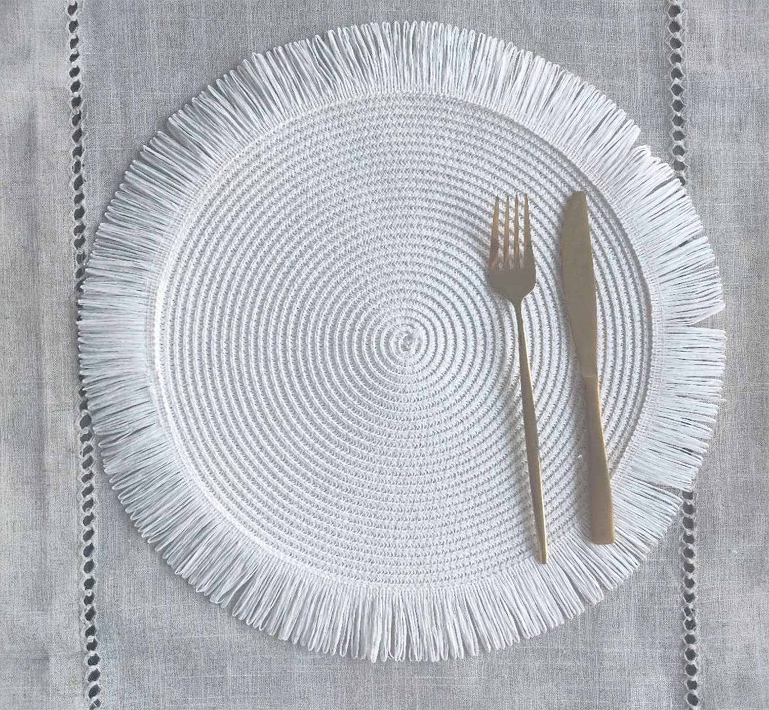 Fennco Styles - Wholesale Placemat - Handwoven Fringe Boho 15" Round Placemat4