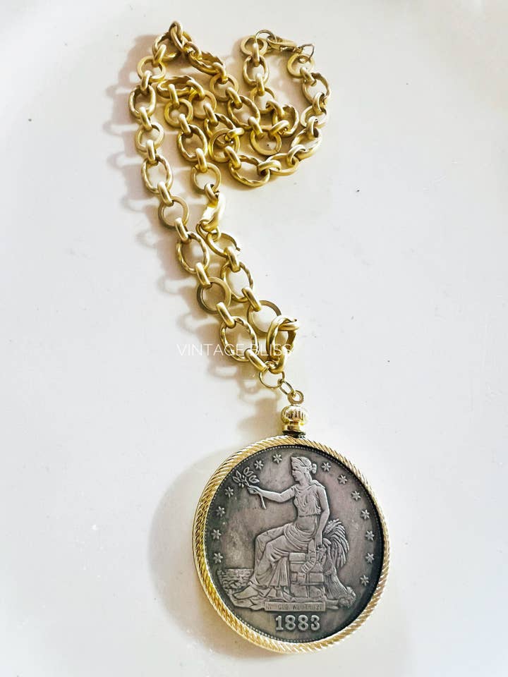 Vintage Trade Dollar Coin Matte Gold Chain Necklace for wholesale by Vintage Bliss