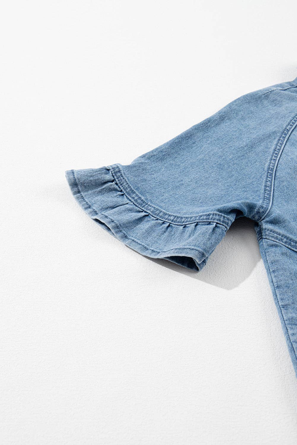 Lovesoft - Wholesale Dress - Women's - Light Blue Frilled Short Sleeve Button Up Loose Denim Shirt Dress9