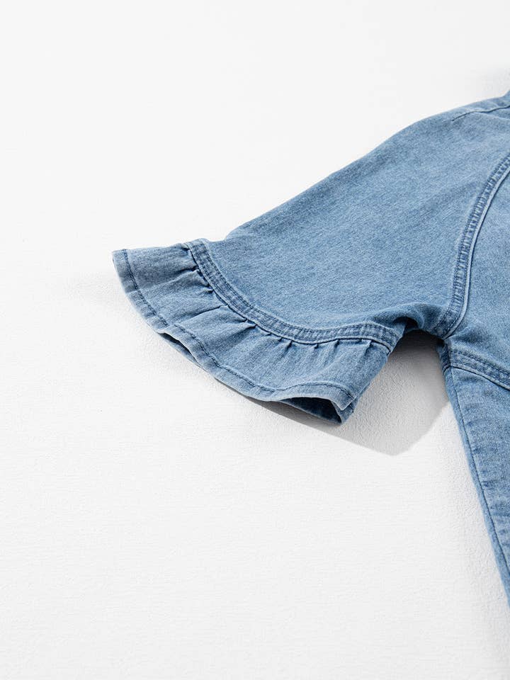 Lovesoft - Wholesale Dress - Women's - Light Blue Frilled Short Sleeve Button Up Loose Denim Shirt Dress9