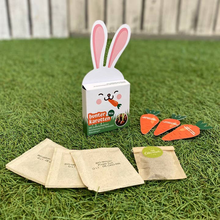 Organic Easter carrot seed set including natural fertiliser for wholesale by Pferdeapfel - Wir lieben Pflanzen