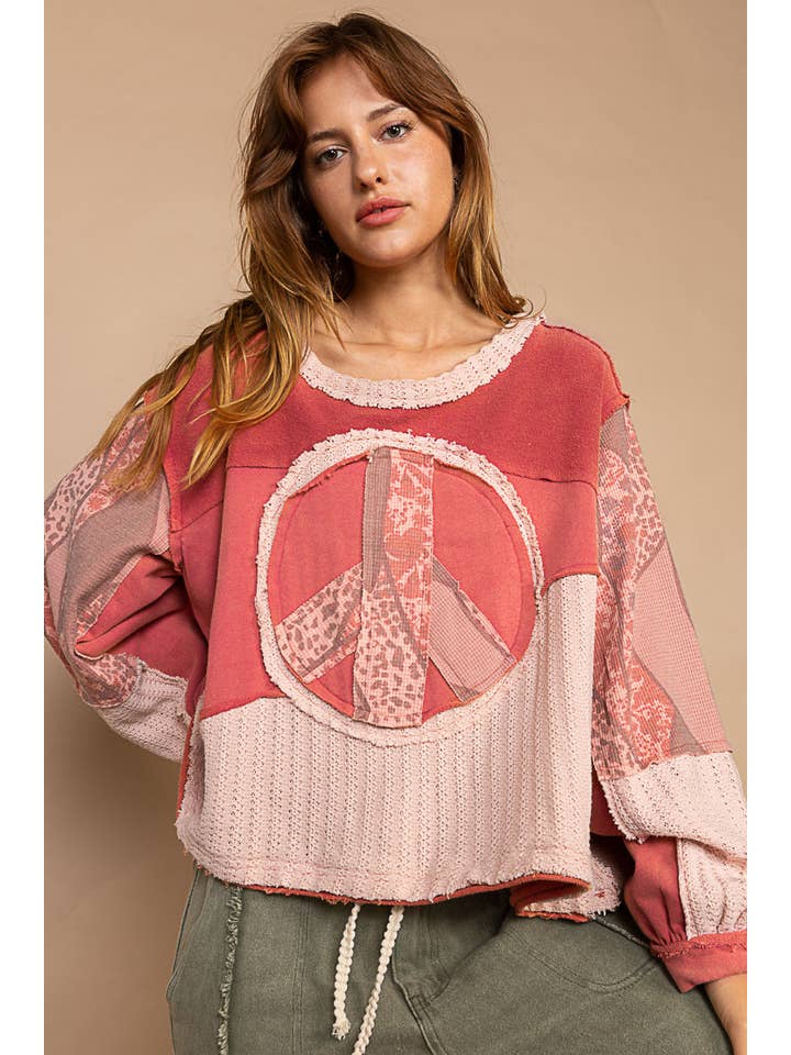 Pol Clothing - Wholesale Knit Top - Women's - Round neck long sleeve cut sew peace emblem knit top
