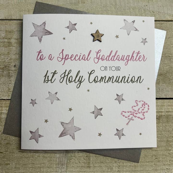 Rosafarbener Rosenkranz mit Sternen zur Erstkommunion für den Großhandel von White Cotton Cards