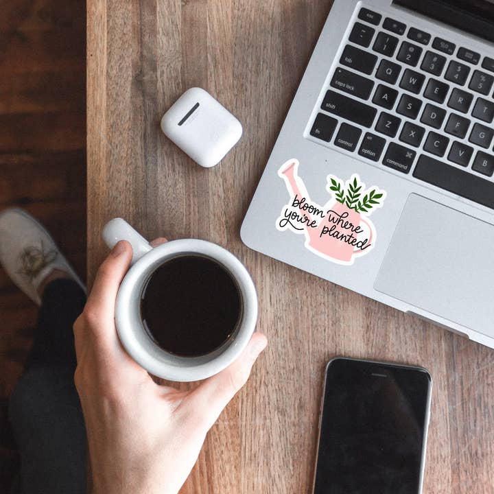 Bloom Where You're Planted Watering Can Sticker for wholesale by Clay Collection Co.