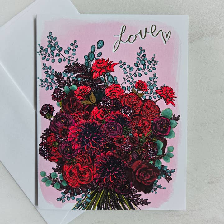 Love Greeting Card with Red Flowers for wholesale by Scribblebard Illustrations