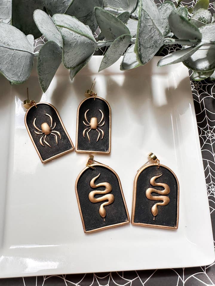 Gold and Black Snake Spider Clay Dangle Earrings for wholesale by Design With Purpose