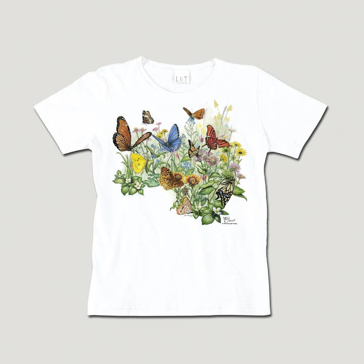 T-shirt à encolure dégagée 100 % coton Butterfly Garden pour femme pour la vente par Atlas Screen Printing