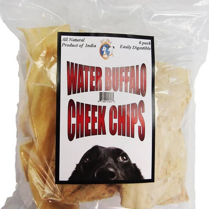 Water Buffalo Cheek Chips - 6pcs (Case Pack 12) for wholesale by QT Dog, LLC