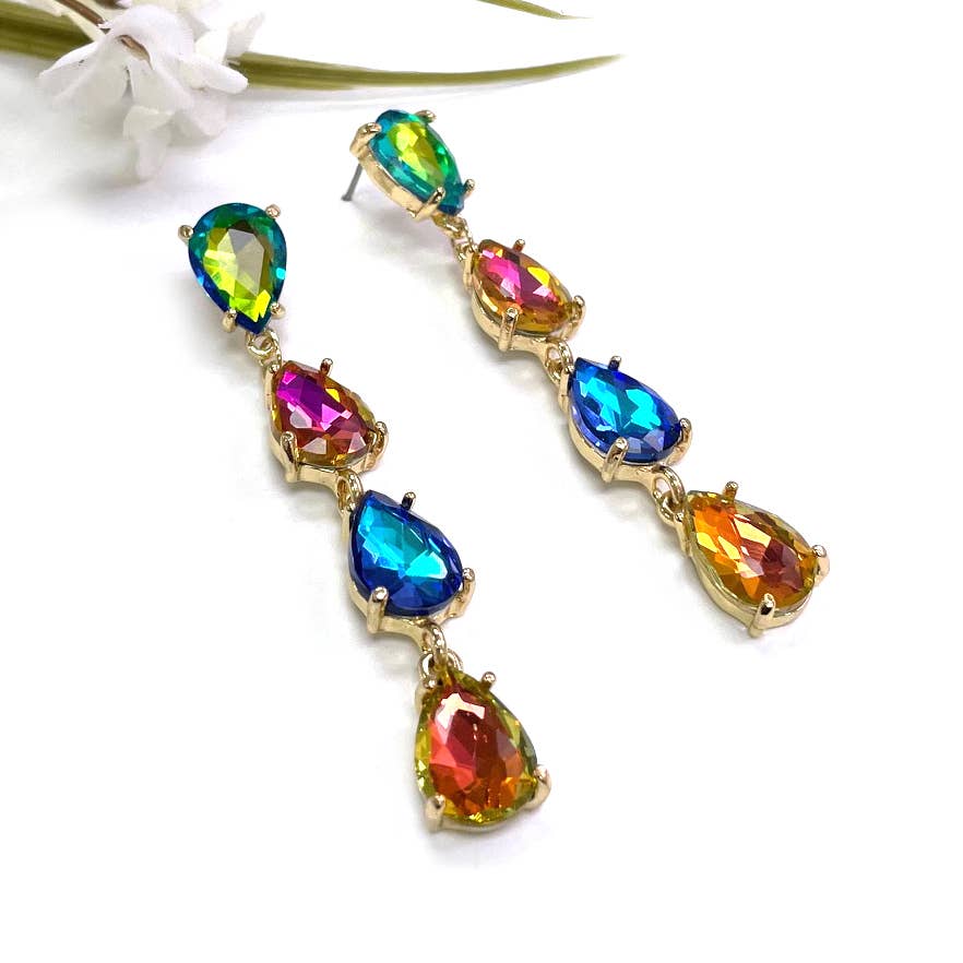 StarryNYC - Wholesale Dangle Earrings - Glass Stone Teardrop 4 Link Iridescent Crystal Earrings16