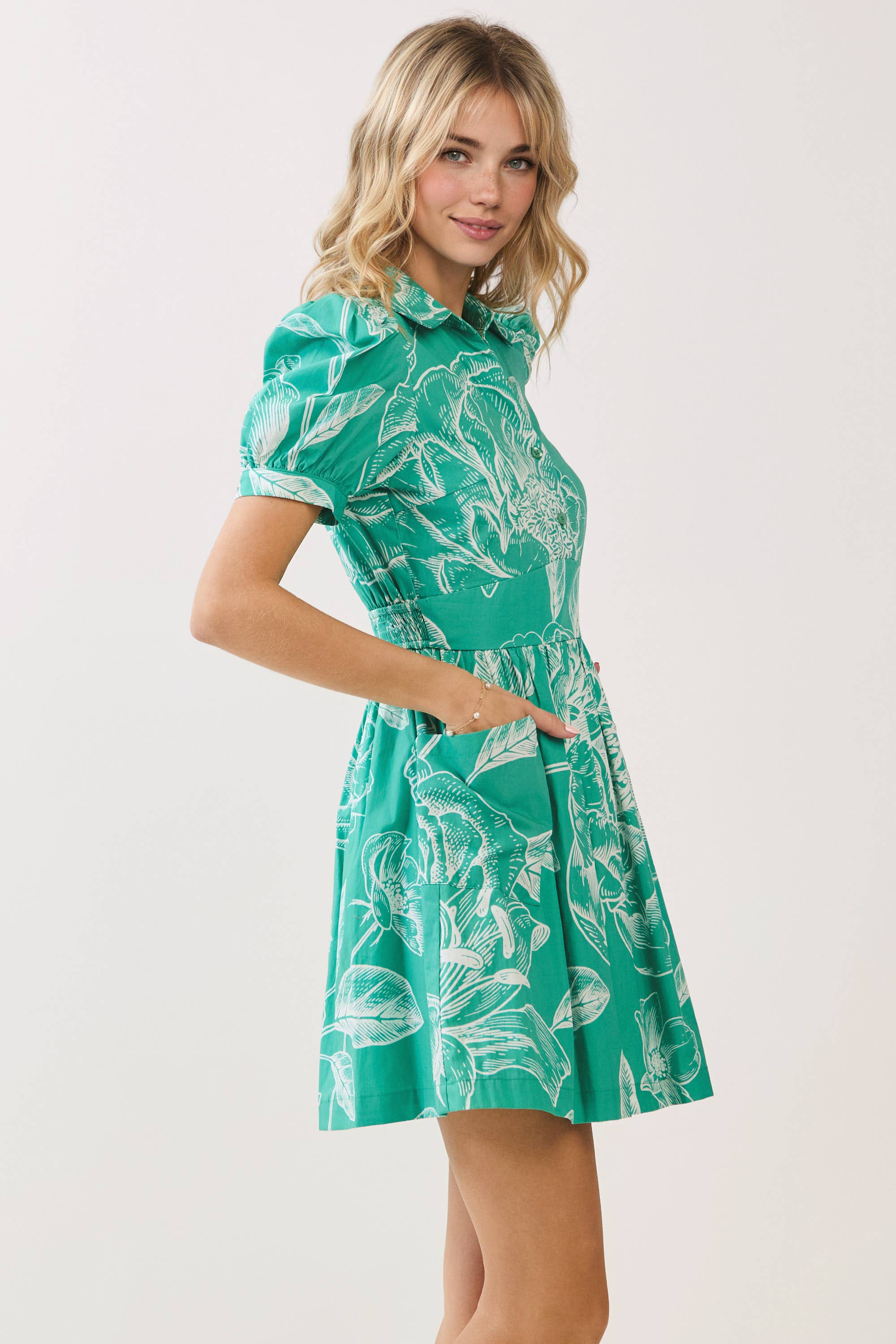 Green CD06033-Floral Print Collared Neckline Side Pockets Dress for wholesale on Faire1