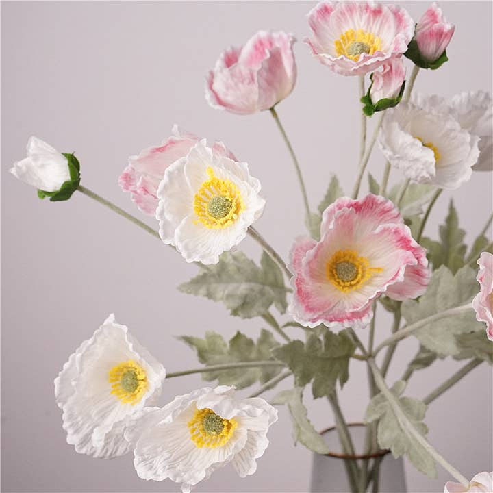 Sweet Home Deco - Wholesale Artificial Flowers - 24''T Real Touch Poppy Flower, Single Poppy Stem, Pink/White