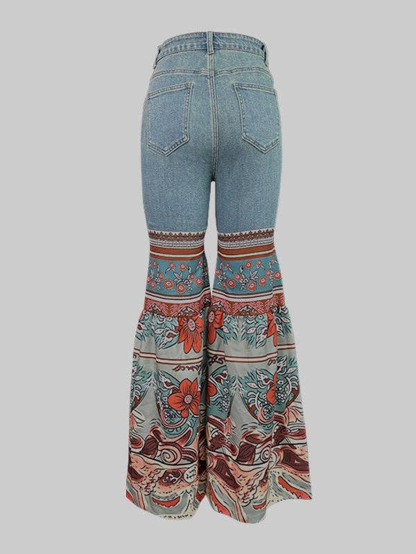 BLUE Flared Pants Floral Printed High-Waisted Pockets Jean Pants Bottoms for wholesale on Faire6