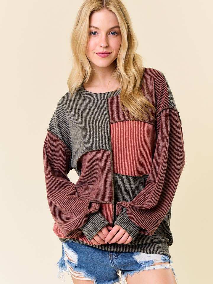 LMT4525-Top côtelé à blocs de couleurs Fall for you pour la vente par lovely melody