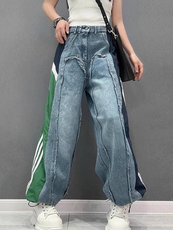 VividLux - Wholesale Jeans - Women's - Loose Wide Leg Contrast Color Drawstring Elasticity Fringed Split-Joint Jean Pants Bottoms7
