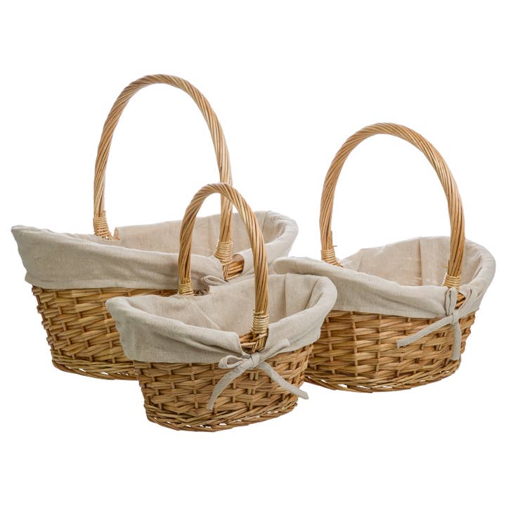 Buff wicker baskets lined 3-piece set for wholesale by Creaciones Meng