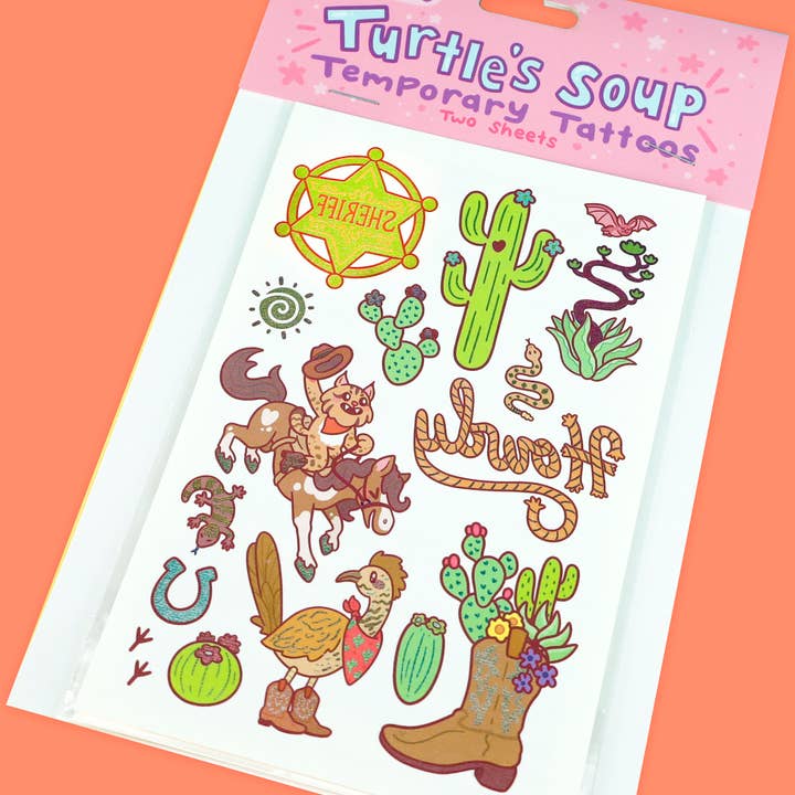 Turtle's Soup - Wholesale Temporary Tattoo - Wild West Cowboy Metallic Shiny Temporary Tattoo Sheets