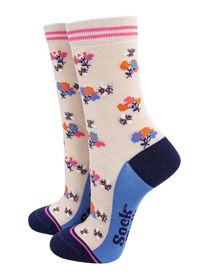 Women's Bamboo Socks - Cream/Navy Blue, Bee Posy for wholesale by Sock Talk