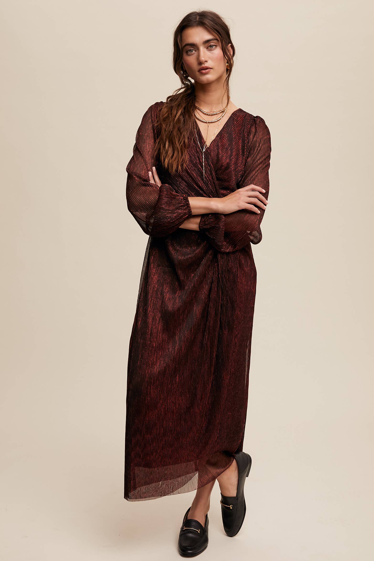 Listicle - Wholesale Jurk - Dames - Glanzende geplooide wikkel midi-jurk LD13221