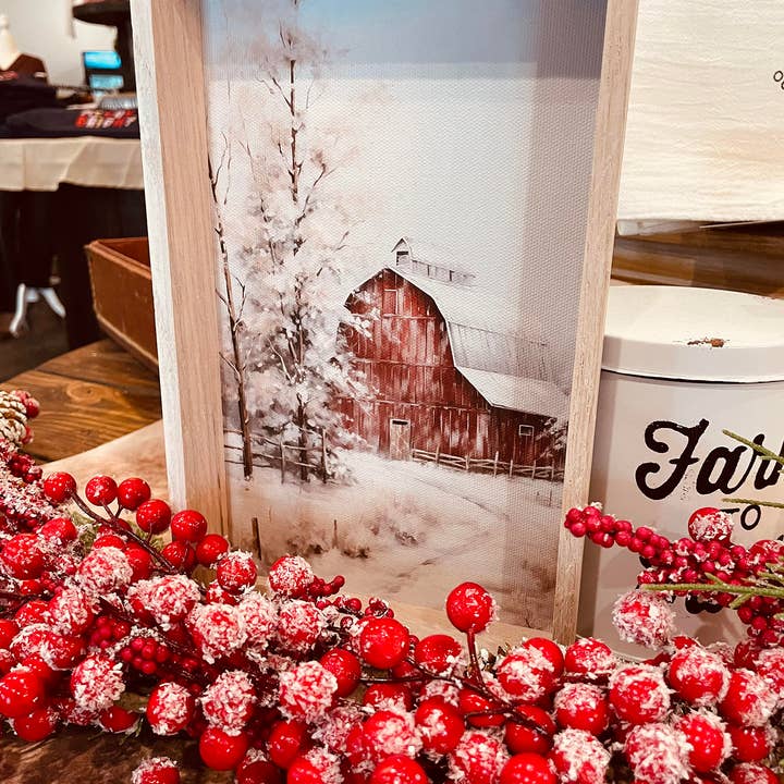 Hangout Home - Vendita all'ingrosso Stampa artistica - Snowy Winter Red Barn - Arte su tela con scena invernale - incorniciata5