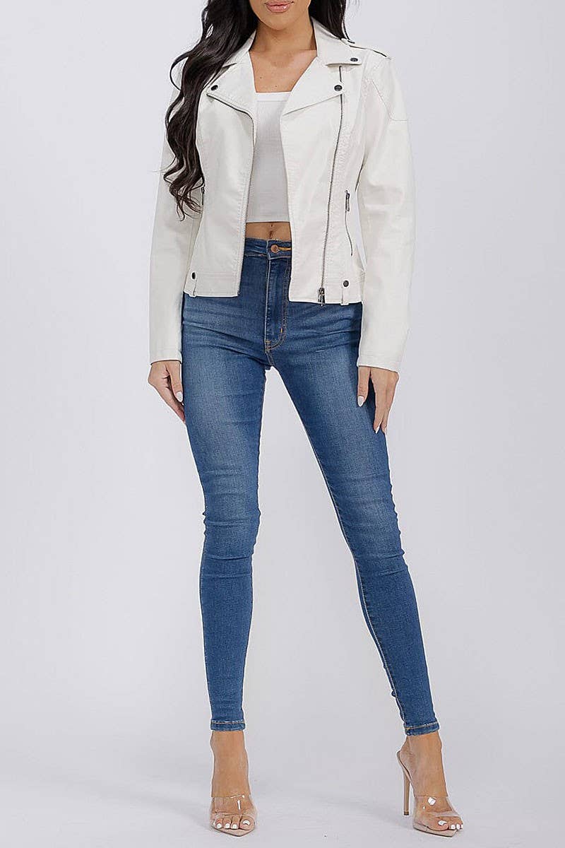 ROUSSEAU - Wholesale Leather Jacket - Women's - SOLID PU PLEATHER ZIP UP DRAPED MOTO JACKET8