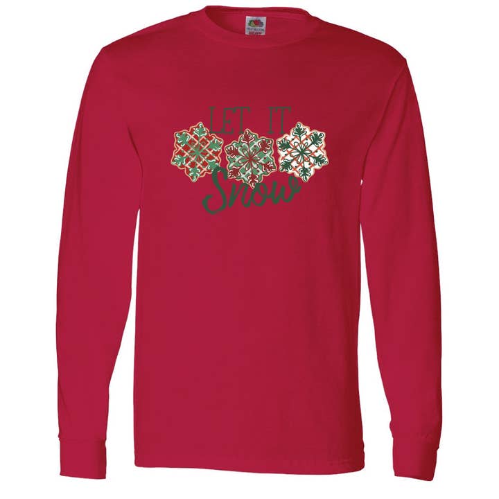 Camicia grafica a maniche lunghe per le vacanze di Natale Let It Snow per la vendita all'ingrosso da parte di Pink House On River Road