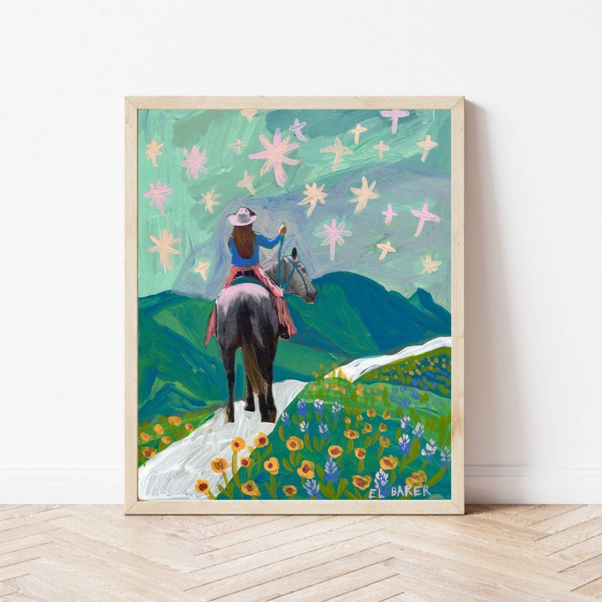 El Baker Art - Wholesale Art Print - Texas Wildflowers Cowgirl Art Print2