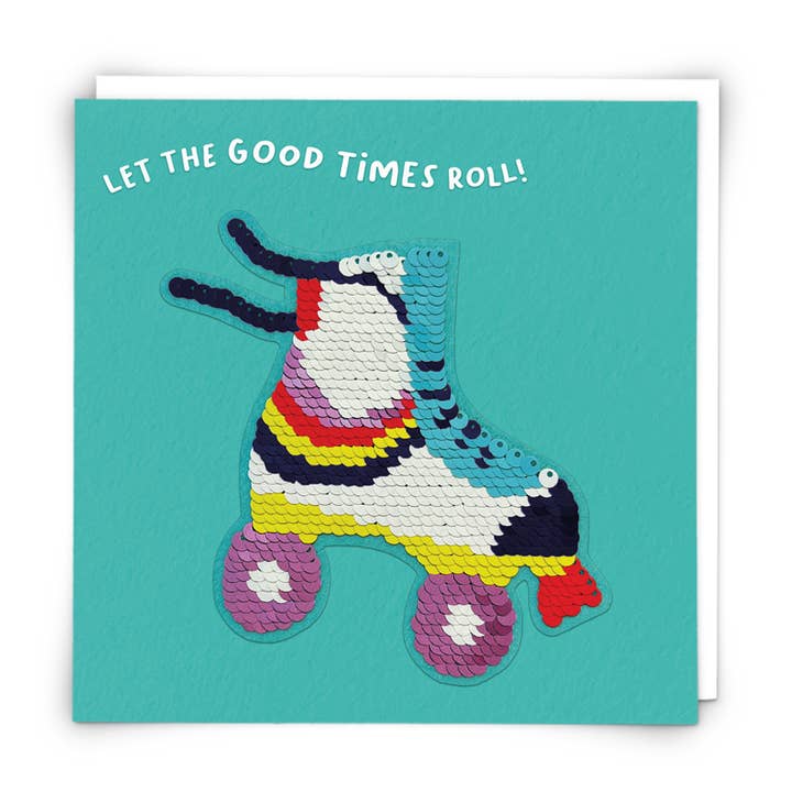 Roller Skate Card with Reusable Reversible Sequin Patch for wholesale by Redback Cards - ALL duties and tariffs paid