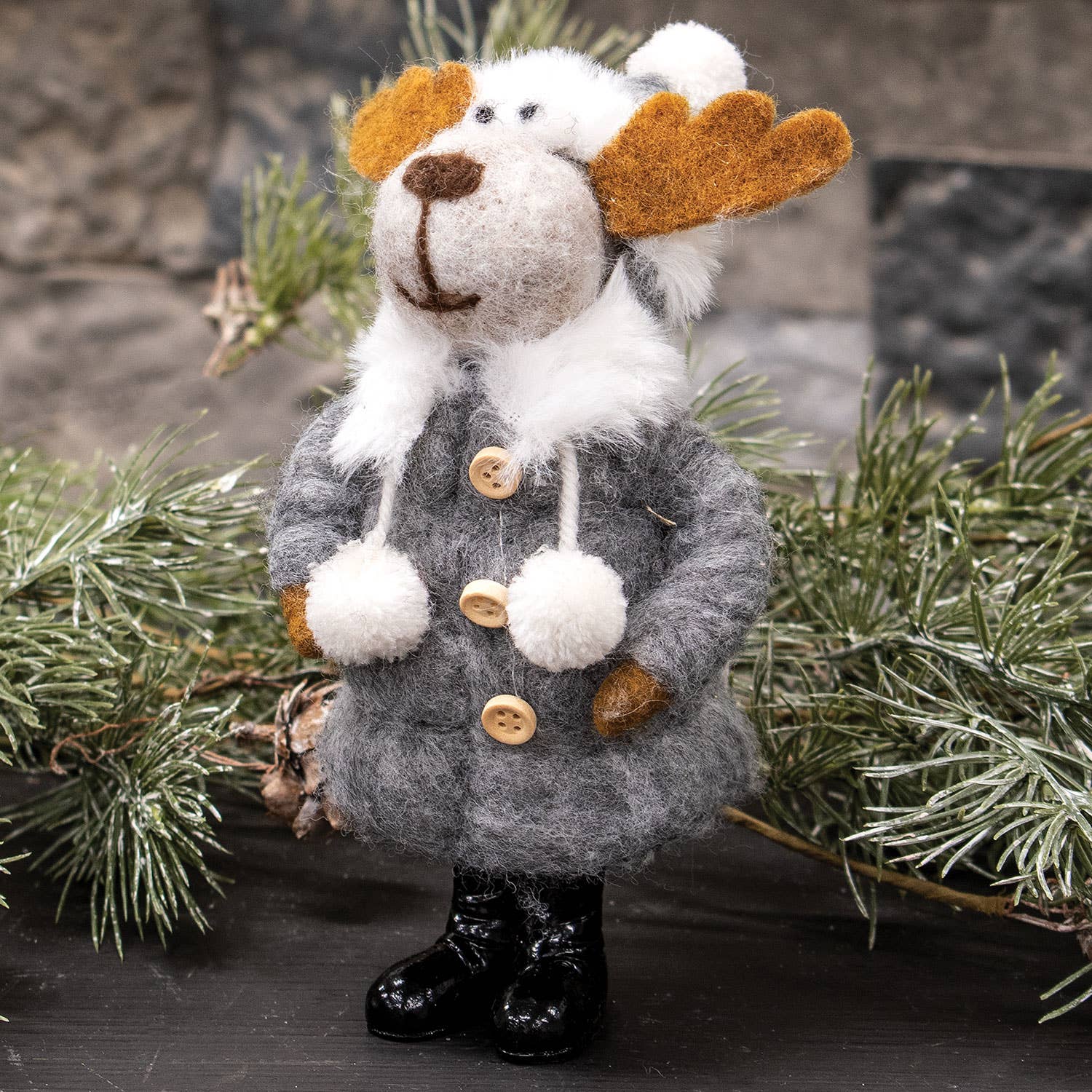Bright Ideas - Wholesale Ornament - Moose in Gray Puffer Coat Felted Ornament1