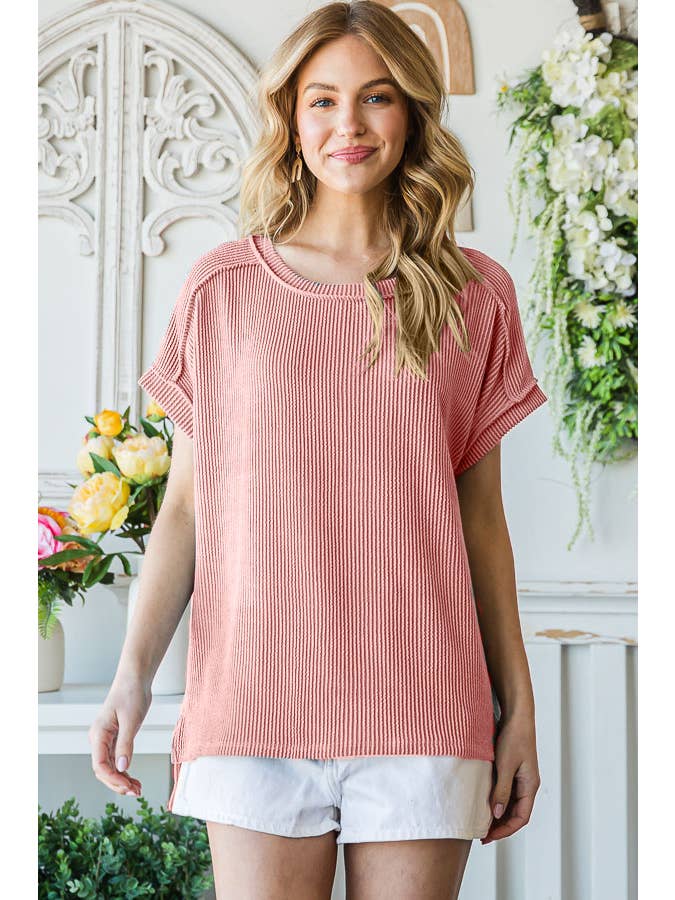 7th Ray - Venta al por mayor Túnica - Mujer - Top de manga corta con hombro caído, costilla sólida y abertura lateral T51607