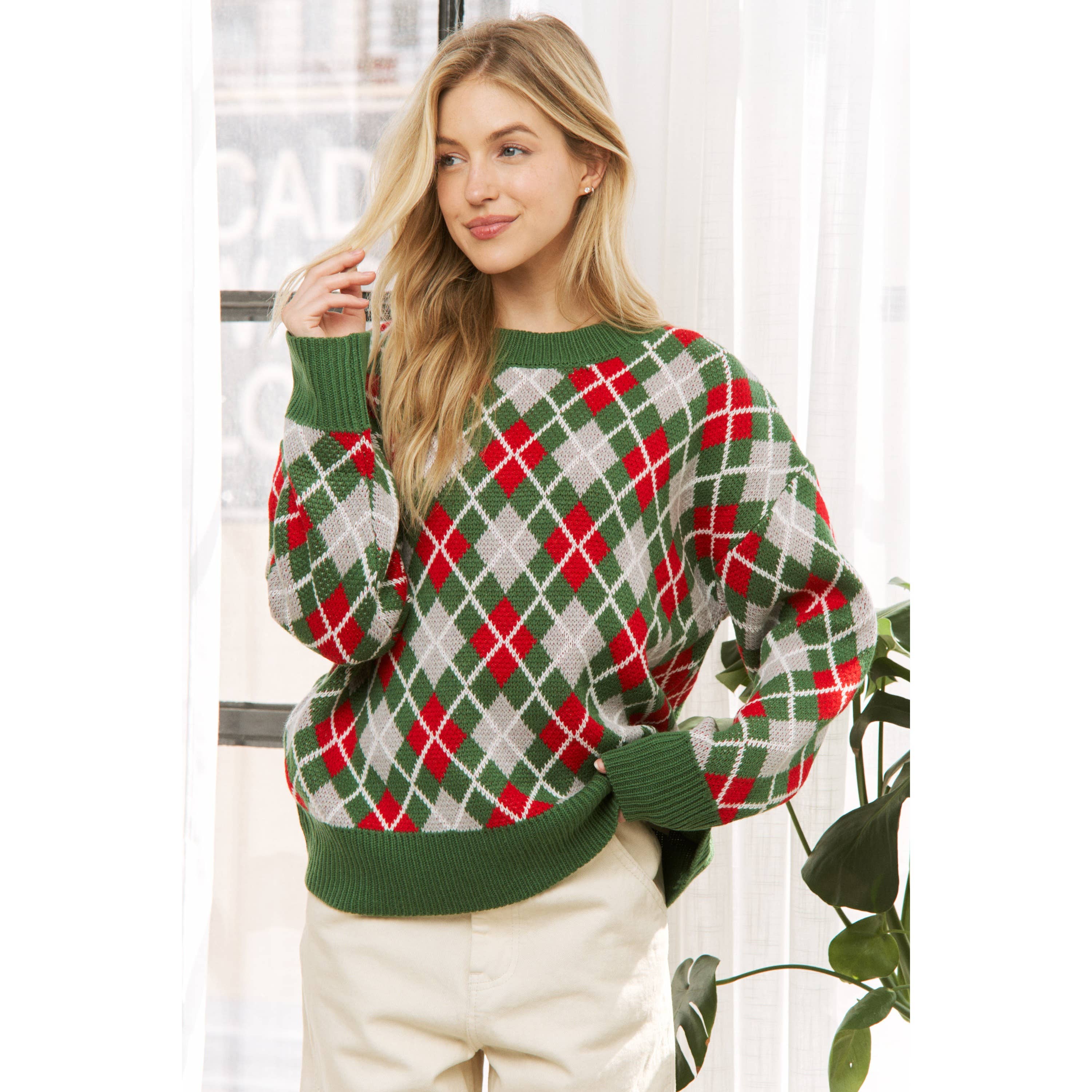 Sweet Generis - Wholesale Knit Sweater - Women's - HOLIDAY ARGYLE PATTERN DROP SHOULDER PULLOVER SWEATER21