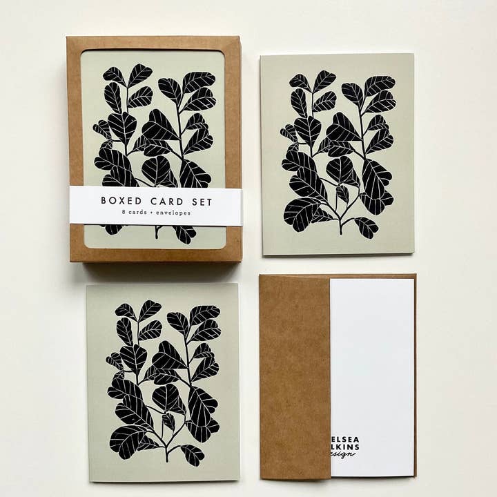 Chelsea Calkins Design - Wholesale Stationery/Notecard Set - Fiddle Fig Boxed Card Set - 8 Cards with Envelopes