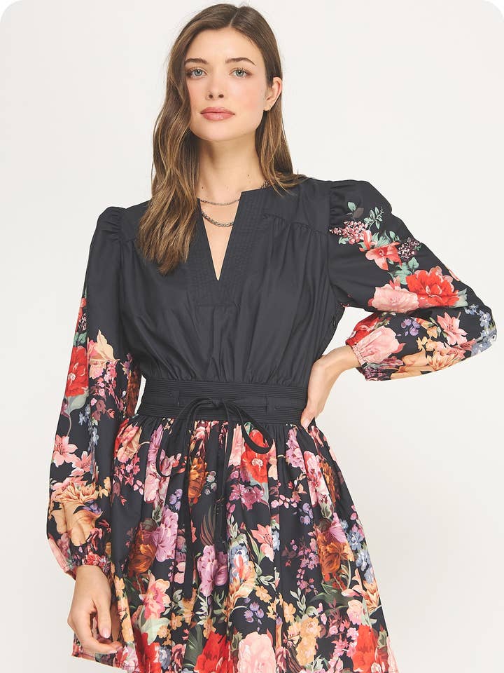 Floral Border Print Long Sleeve Mini Dress for wholesale by Strut & Bolt